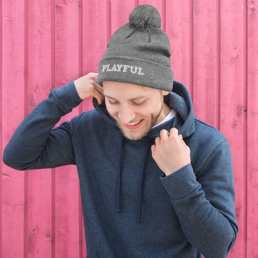 Playful Embroidered Pom-Pom Beanie