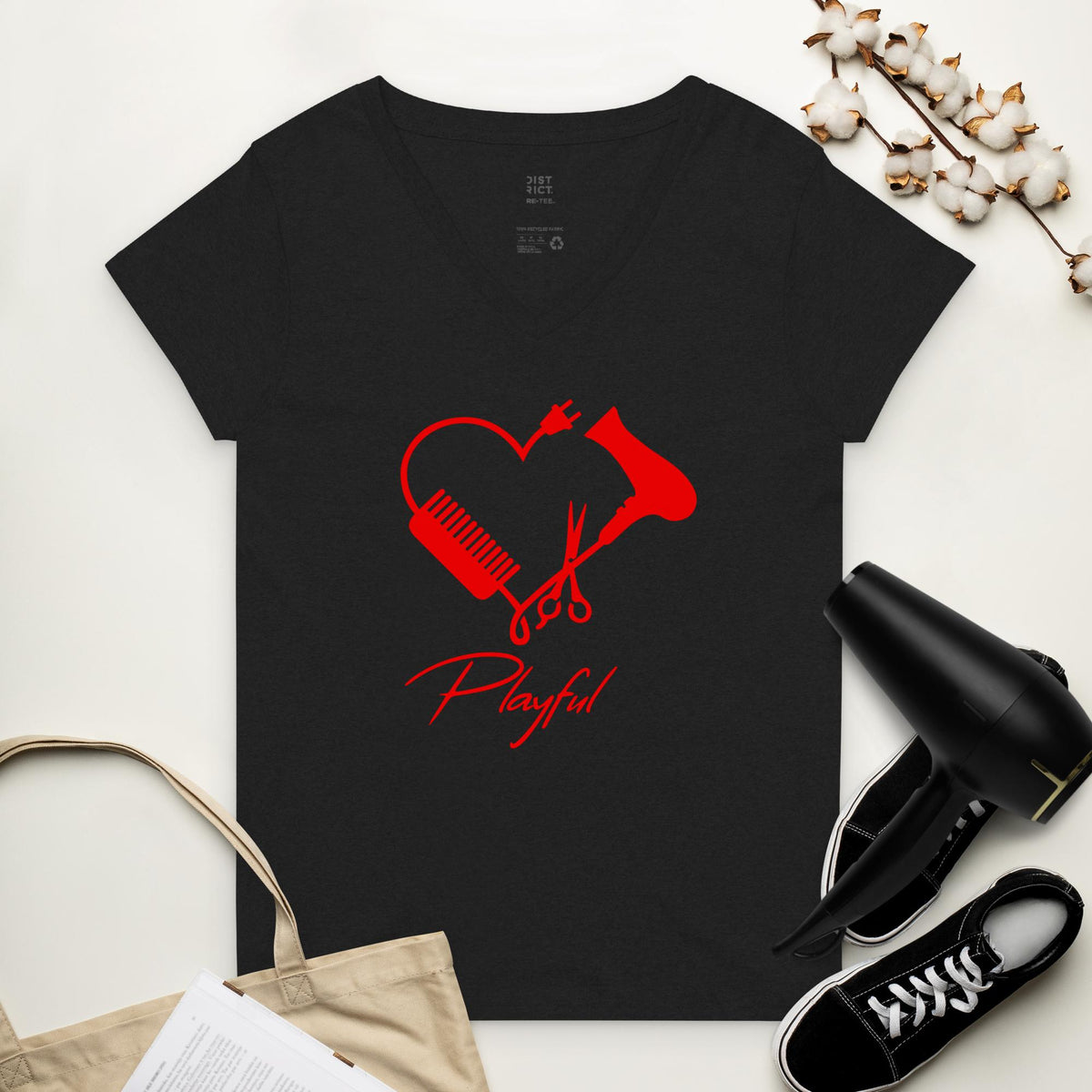 Playful Hairstylist Ladies Recycled V-Neck T-Shirt