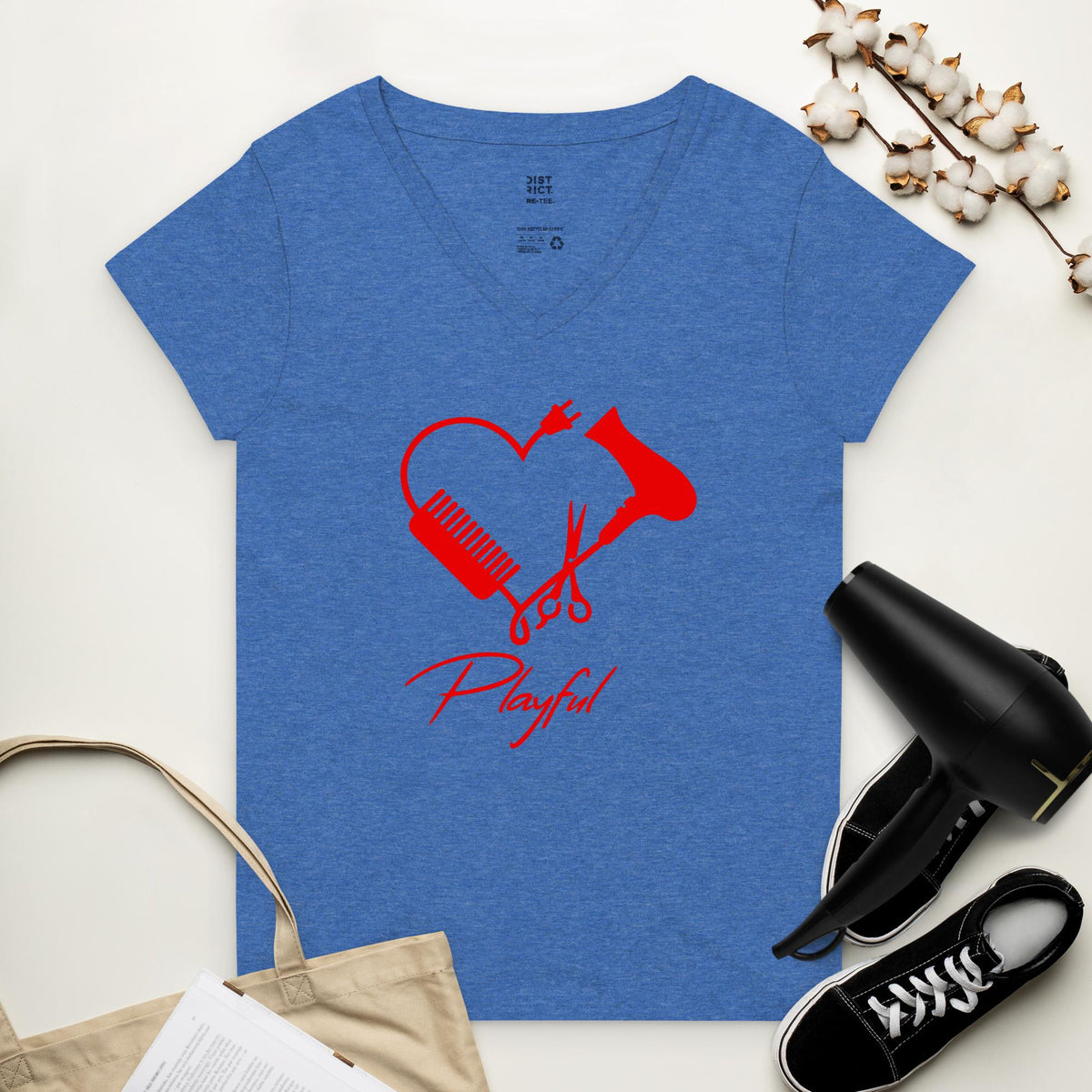 Playful Hairstylist Ladies Recycled V-Neck T-Shirt