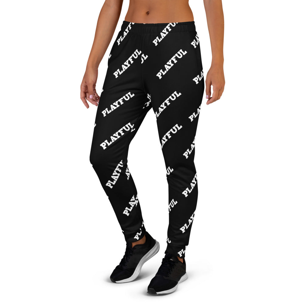 Playful Black All Over Print Ladies Joggers