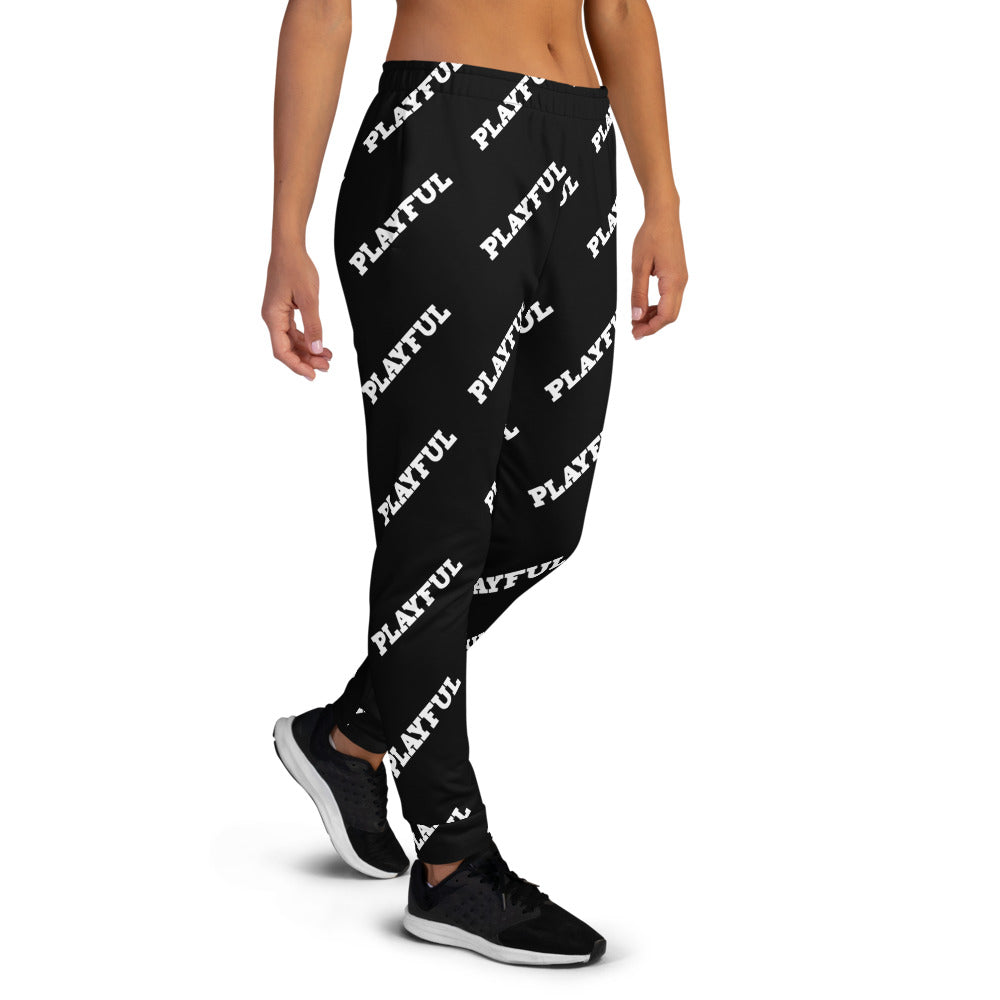 Playful Black All Over Print Ladies Joggers