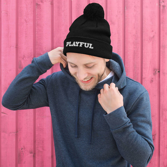 Playful Embroidered Pom-Pom Beanie