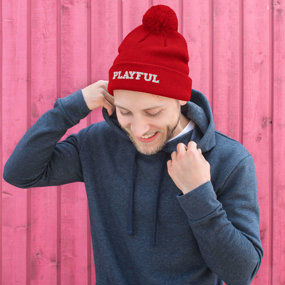 Playful Embroidered Pom-Pom Beanie