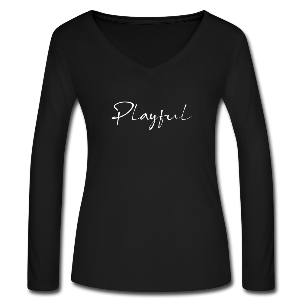 Playful Ladies Long Sleeve  V-Neck Flowy Tee - black