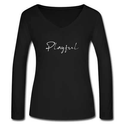 Playful Ladies Long Sleeve  V-Neck Flowy Tee - black