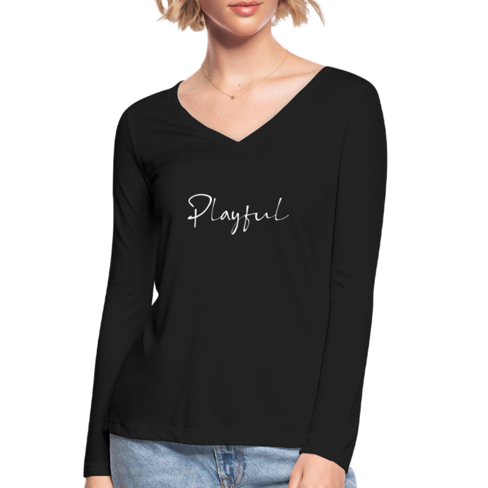 Playful Ladies Long Sleeve  V-Neck Flowy Tee - black