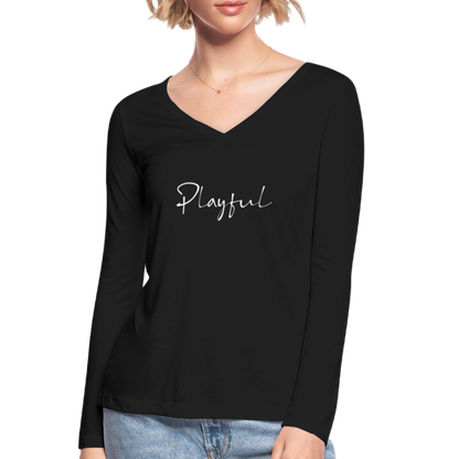Playful Ladies Long Sleeve  V-Neck Flowy Tee - black