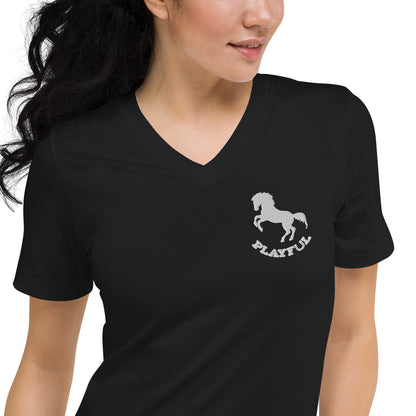 Playful Horse Embroidered (Unisex) Short Sleeve V-Neck T-Shirt