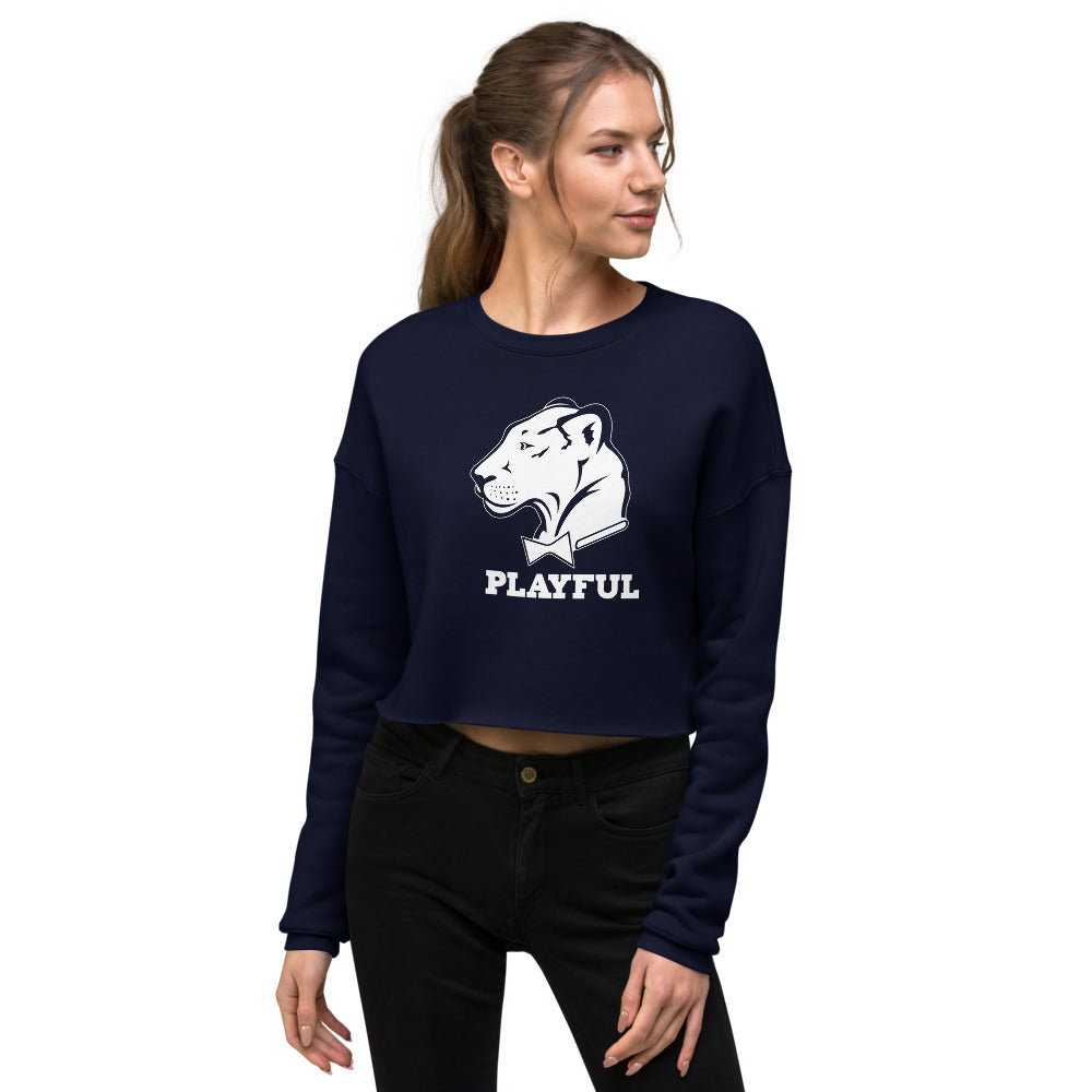 Playful Ladies Solid White Logo Crop Sweatshirt