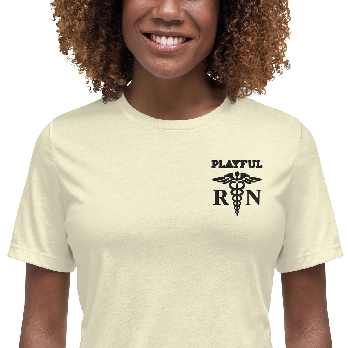 Playful Ladies Black Embroidered RN Relaxed T-Shirt