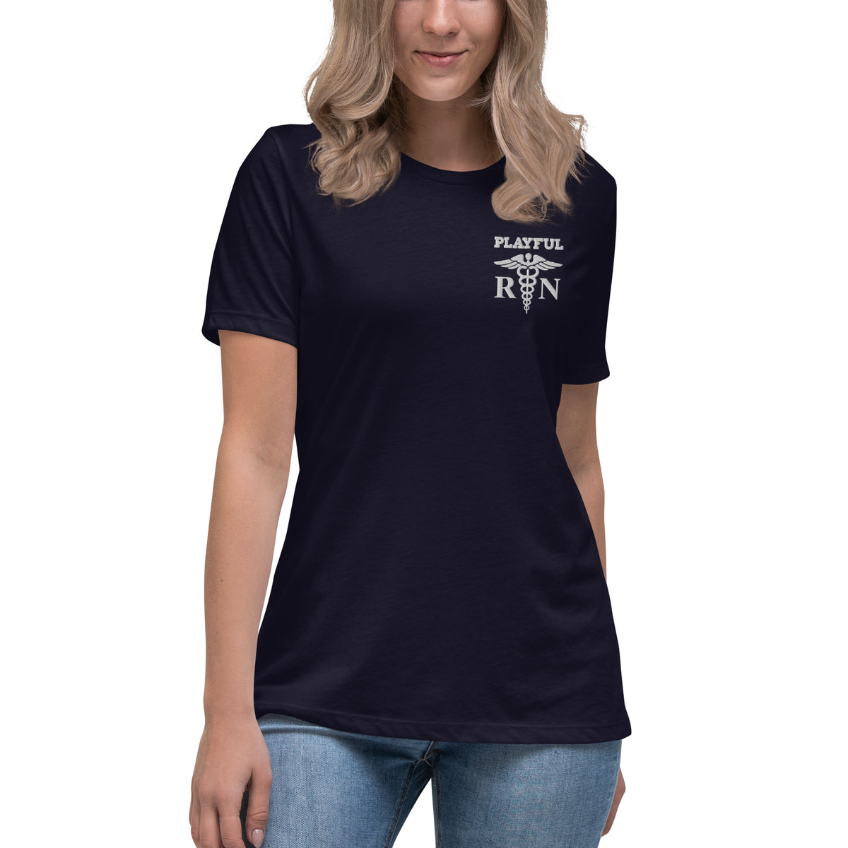 Playful Ladies White Embroidered RN Relaxed Tee