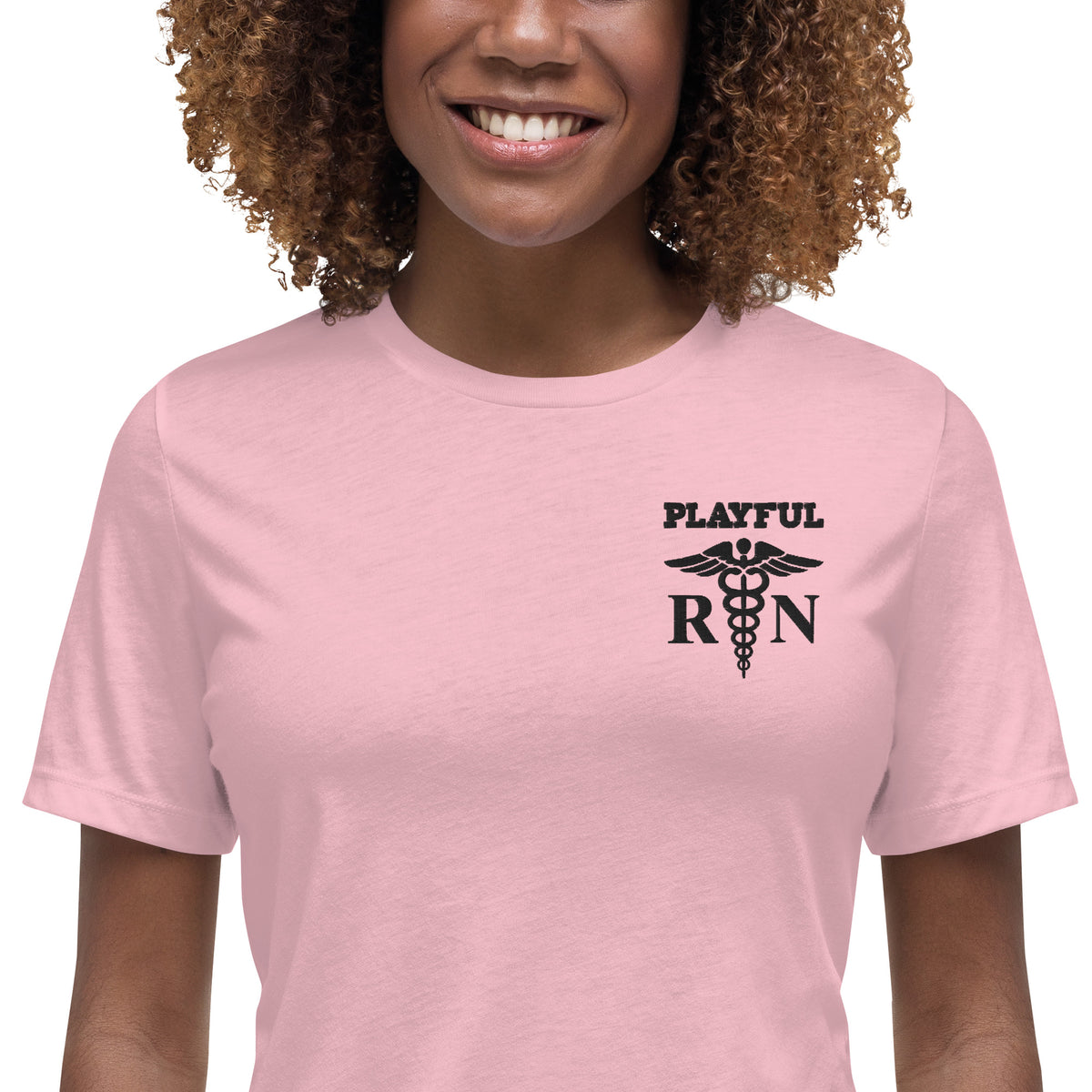 Playful Ladies Black Embroidered RN Relaxed T-Shirt