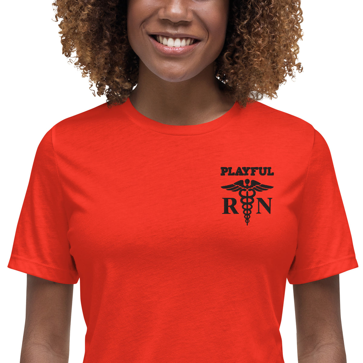 Playful Ladies Black Embroidered RN Relaxed T-Shirt