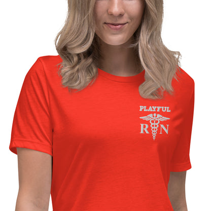 Playful Ladies White Embroidered RN Relaxed Tee